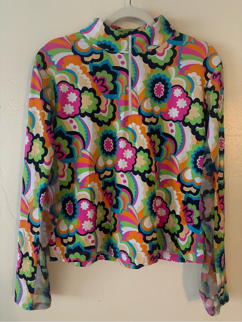 IBKÜL Yolanda Print Long Sleeve Sun Shirt 50 SPF 1/4 Zip Mock Neck Size XL